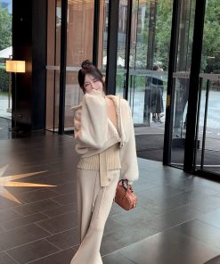 Almond Color Ribbed Knitted Wide-Leg Pants for Women - High-Waisted Casual Trousers, Perfect for Winter Style