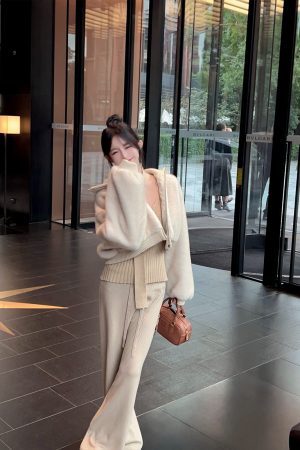 Almond Color Ribbed Knitted Wide-Leg Pants for Women - High-Waisted Casual Trousers, Perfect for Winter Style
