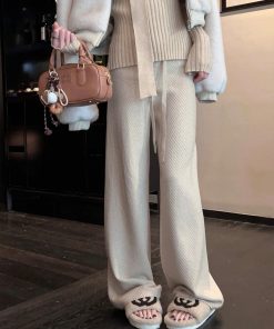 Almond Color Ribbed Knitted Wide-Leg Pants for Women - High-Waisted Casual Trousers, Perfect for Winter Style