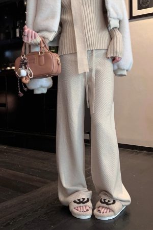 Almond Color Ribbed Knitted Wide-Leg Pants for Women - High-Waisted Casual Trousers, Perfect for Winter Style
