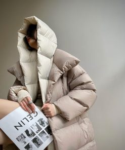 Almond Croissant 90 White Duck Down Jacket for Women - Winter Hooded Puffer Coat, Thick Quilted Outerwear, Stylish Warmth