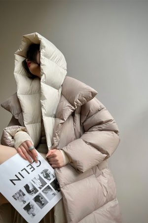 Almond Croissant 90 White Duck Down Jacket for Women - Winter Hooded Puffer Coat, Thick Quilted Outerwear, Stylish Warmth