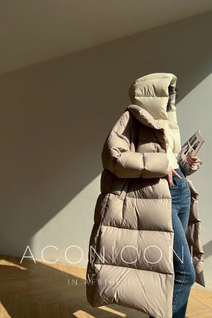 Almond Croissant 90 White Duck Down Jacket for Women - Winter Hooded Puffer Coat, Thick Quilted Outerwear, Stylish Warmth