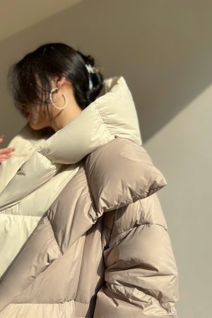 Almond Croissant 90 White Duck Down Jacket for Women - Winter Hooded Puffer Coat, Thick Quilted Outerwear, Stylish Warmth