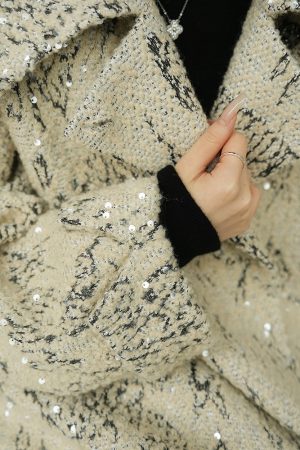 Almond Milk Cream Wool Heavy Beaded Mid-Length Coat - Thick Woven Design, Chanel-Inspired, Chic Winter Outerwear