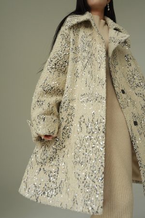 Almond Milk Cream Wool Heavy Beaded Mid-Length Coat - Thick Woven Design, Chanel-Inspired, Chic Winter Outerwear