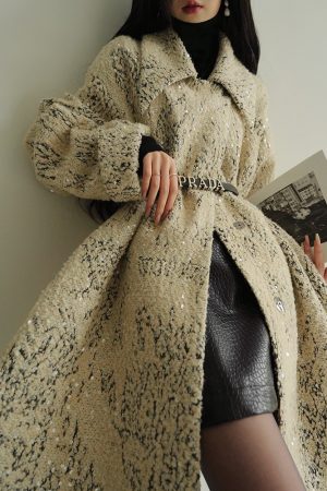 Almond Milk Cream Wool Heavy Beaded Mid-Length Coat - Thick Woven Design, Chanel-Inspired, Chic Winter Outerwear