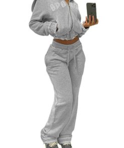 American Casual Sports Letter Short Hoodie Jacket and High-Waisted Trendy Long Pants Set for Effortless Style