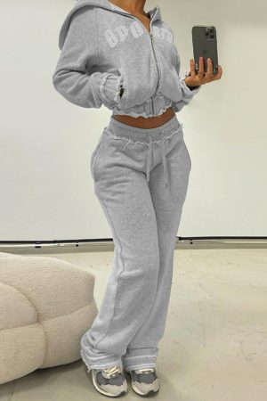 American Casual Sports Letter Short Hoodie Jacket and High-Waisted Trendy Long Pants Set for Effortless Style