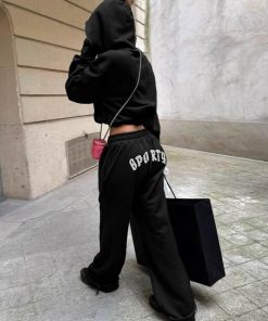 American Casual Sports Letter Short Hoodie Jacket and High-Waisted Trendy Long Pants Set for Effortless Style