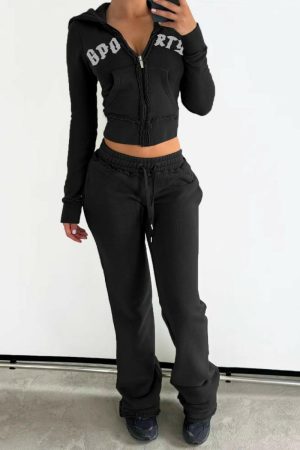 American Casual Sports Letter Short Hoodie Jacket and High-Waisted Trendy Long Pants Set for Effortless Style