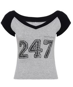 American Retro Black and Gray Color Block V-Neck Short Sleeve T-Shirt - Casual Sports Top for a Stylish 90s Inspired Look