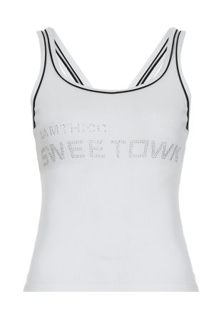 American Retro Black and White Letter Rhinestone Print Tank Top - Versatile Slim Fit Camisole for Y2K and Sports Style