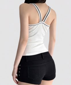 American Retro Black and White Letter Rhinestone Print Tank Top - Versatile Slim Fit Camisole for Y2K and Sports Style