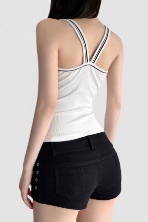 American Retro Black and White Letter Rhinestone Print Tank Top - Versatile Slim Fit Camisole for Y2K and Sports Style