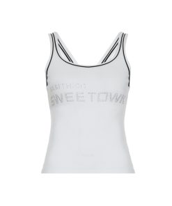 American Retro Black and White Letter Rhinestone Print Tank Top - Versatile Slim Fit Camisole for Y2K and Sports Style