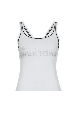 American Retro Black and White Letter Rhinestone Print Tank Top - Versatile Slim Fit Camisole for Y2K and Sports Style