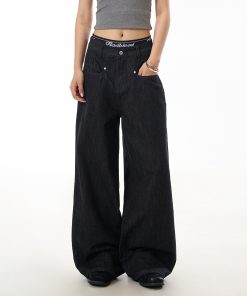 American Retro Black Straight-Leg Denim Pants for Women - Loose Wide-Leg, Slimming, Versatile Floor-Length Trousers