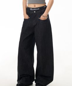 American Retro Black Straight-Leg Denim Pants for Women - Loose Wide-Leg, Slimming, Versatile Floor-Length Trousers