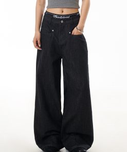 American Retro Black Straight-Leg Denim Pants for Women - Loose Wide-Leg, Slimming, Versatile Floor-Length Trousers