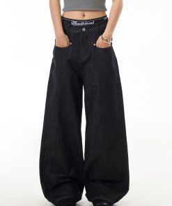 American Retro Black Straight-Leg Denim Pants for Women - Loose Wide-Leg, Slimming, Versatile Floor-Length Trousers