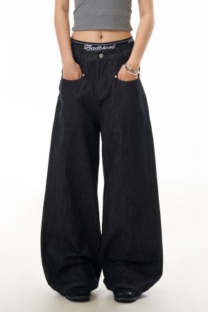 American Retro Black Straight-Leg Denim Pants for Women - Loose Wide-Leg, Slimming, Versatile Floor-Length Trousers
