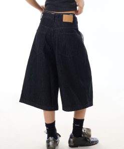 American Retro Black Wide-Leg Denim Pants for Women - 90s Summer Casual Three-Quarter Shorts