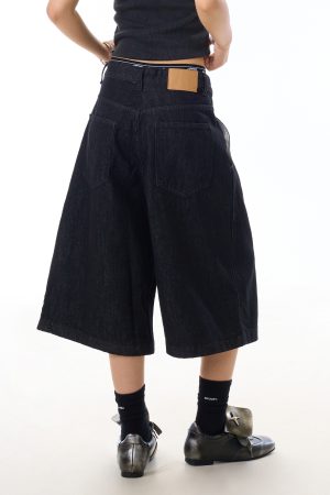 American Retro Black Wide-Leg Denim Pants for Women - 90s Summer Casual Three-Quarter Shorts
