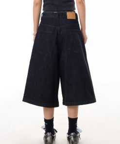 American Retro Black Wide-Leg Denim Pants for Women - 90s Summer Casual Three-Quarter Shorts