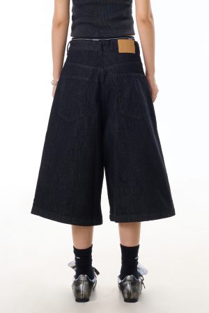 American Retro Black Wide-Leg Denim Pants for Women - 90s Summer Casual Three-Quarter Shorts