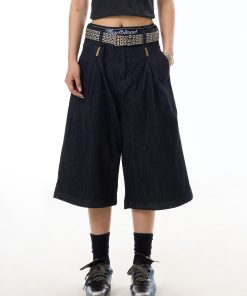 American Retro Black Wide-Leg Denim Pants for Women - 90s Summer Casual Three-Quarter Shorts