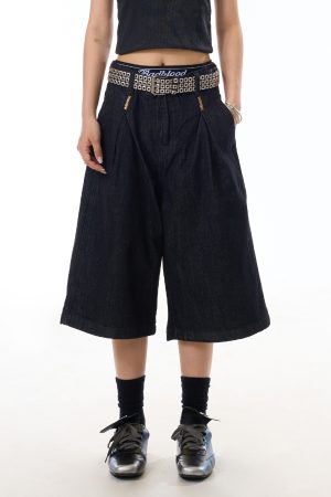 American Retro Black Wide-Leg Denim Pants for Women - 90s Summer Casual Three-Quarter Shorts
