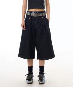 American Retro Black Wide-Leg Denim Pants for Women - 90s Summer Casual Three-Quarter Shorts