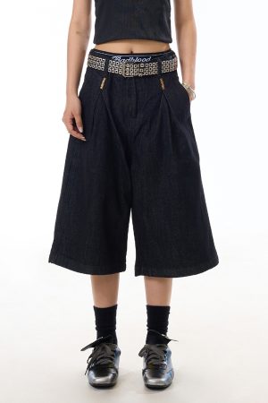 American Retro Black Wide-Leg Denim Pants for Women - 90s Summer Casual Three-Quarter Shorts