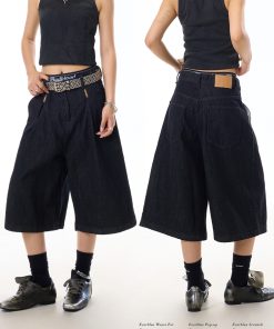 American Retro Black Wide-Leg Denim Pants for Women - 90s Summer Casual Three-Quarter Shorts