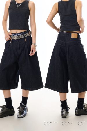 American Retro Black Wide-Leg Denim Pants for Women - 90s Summer Casual Three-Quarter Shorts