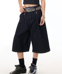 American Retro Black Wide-Leg Denim Pants for Women - 90s Summer Casual Three-Quarter Shorts