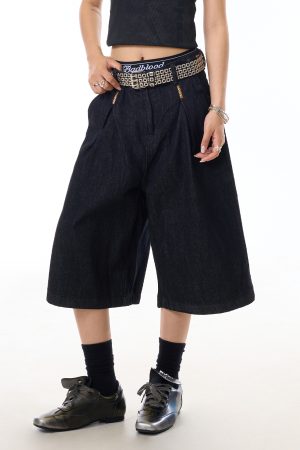 American Retro Black Wide-Leg Denim Pants for Women - 90s Summer Casual Three-Quarter Shorts