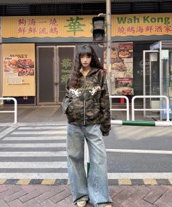 American Retro Camouflage Cardigan Sweatshirt for Women - Thin Spring Autumn Zipper Hoodie, Trendy Street Style Layering Piece