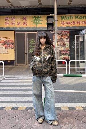 American Retro Camouflage Cardigan Sweatshirt for Women - Thin Spring Autumn Zipper Hoodie, Trendy Street Style Layering Piece