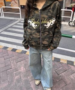 American Retro Camouflage Cardigan Sweatshirt for Women - Thin Spring Autumn Zipper Hoodie, Trendy Street Style Layering Piece