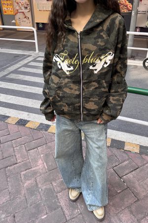 American Retro Camouflage Cardigan Sweatshirt for Women - Thin Spring Autumn Zipper Hoodie, Trendy Street Style Layering Piece