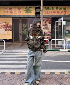 American Retro Camouflage Cardigan Sweatshirt for Women - Thin Spring Autumn Zipper Hoodie, Trendy Street Style Layering Piece