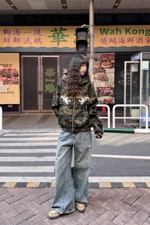 American Retro Camouflage Cardigan Sweatshirt for Women - Thin Spring Autumn Zipper Hoodie, Trendy Street Style Layering Piece