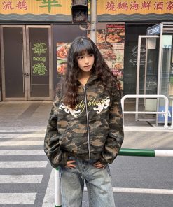 American Retro Camouflage Cardigan Sweatshirt for Women - Thin Spring Autumn Zipper Hoodie, Trendy Street Style Layering Piece