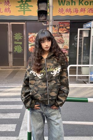 American Retro Camouflage Cardigan Sweatshirt for Women - Thin Spring Autumn Zipper Hoodie, Trendy Street Style Layering Piece