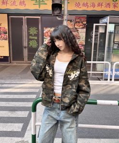 American Retro Camouflage Cardigan Sweatshirt for Women - Thin Spring Autumn Zipper Hoodie, Trendy Street Style Layering Piece