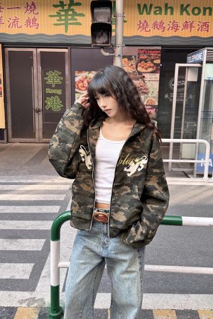 American Retro Camouflage Cardigan Sweatshirt for Women - Thin Spring Autumn Zipper Hoodie, Trendy Street Style Layering Piece
