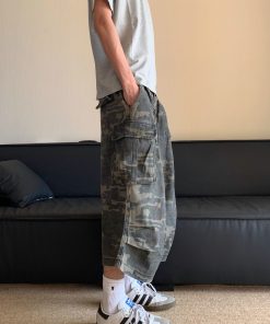American Retro Camouflage Multi-Pocket Denim Shorts for Men and Women, Casual Loose Straight Cut 90s Style Seven-Point Pants