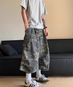 American Retro Camouflage Multi-Pocket Denim Shorts for Men and Women, Casual Loose Straight Cut 90s Style Seven-Point Pants